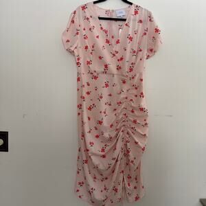 NWT JOA Floral Scrunch Hem Midi Dress Short Sleeve Zipper Back Size XL